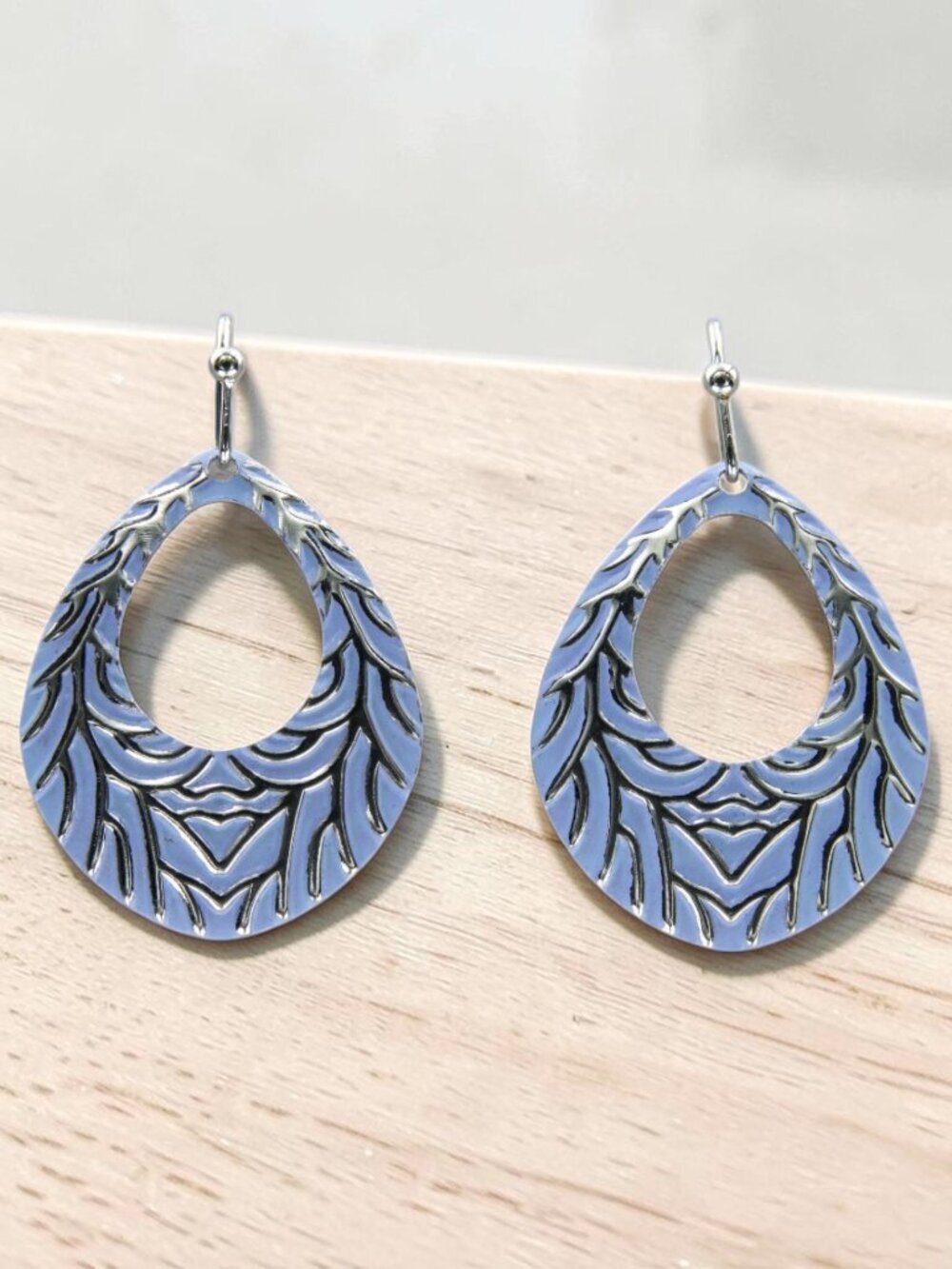 Blue Feather Teardrop Drop Earrings | Silver Tone - Picture 5 of 6